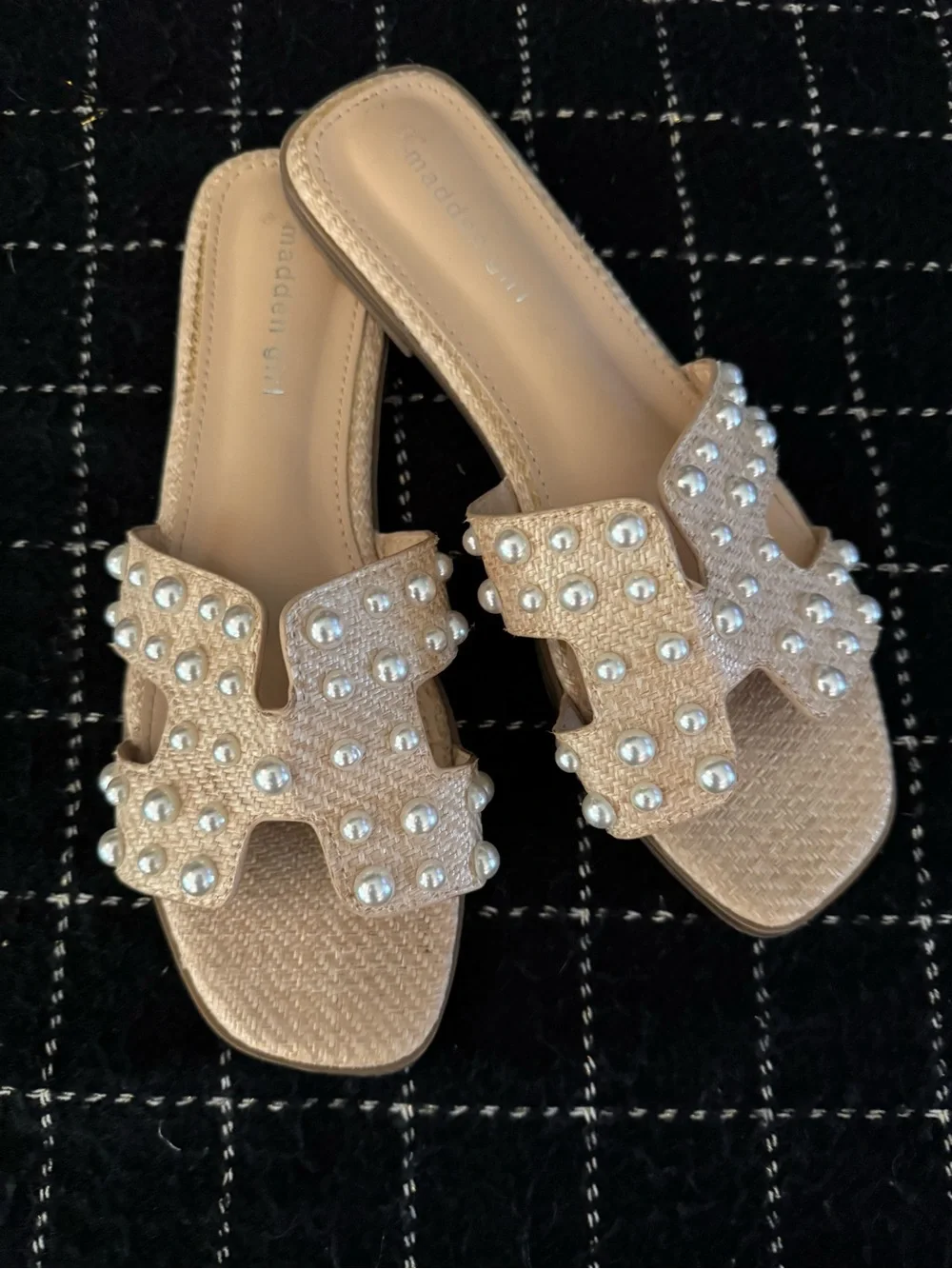 Madden Girl Tan Woven Slide Sandals with Pearl Studs